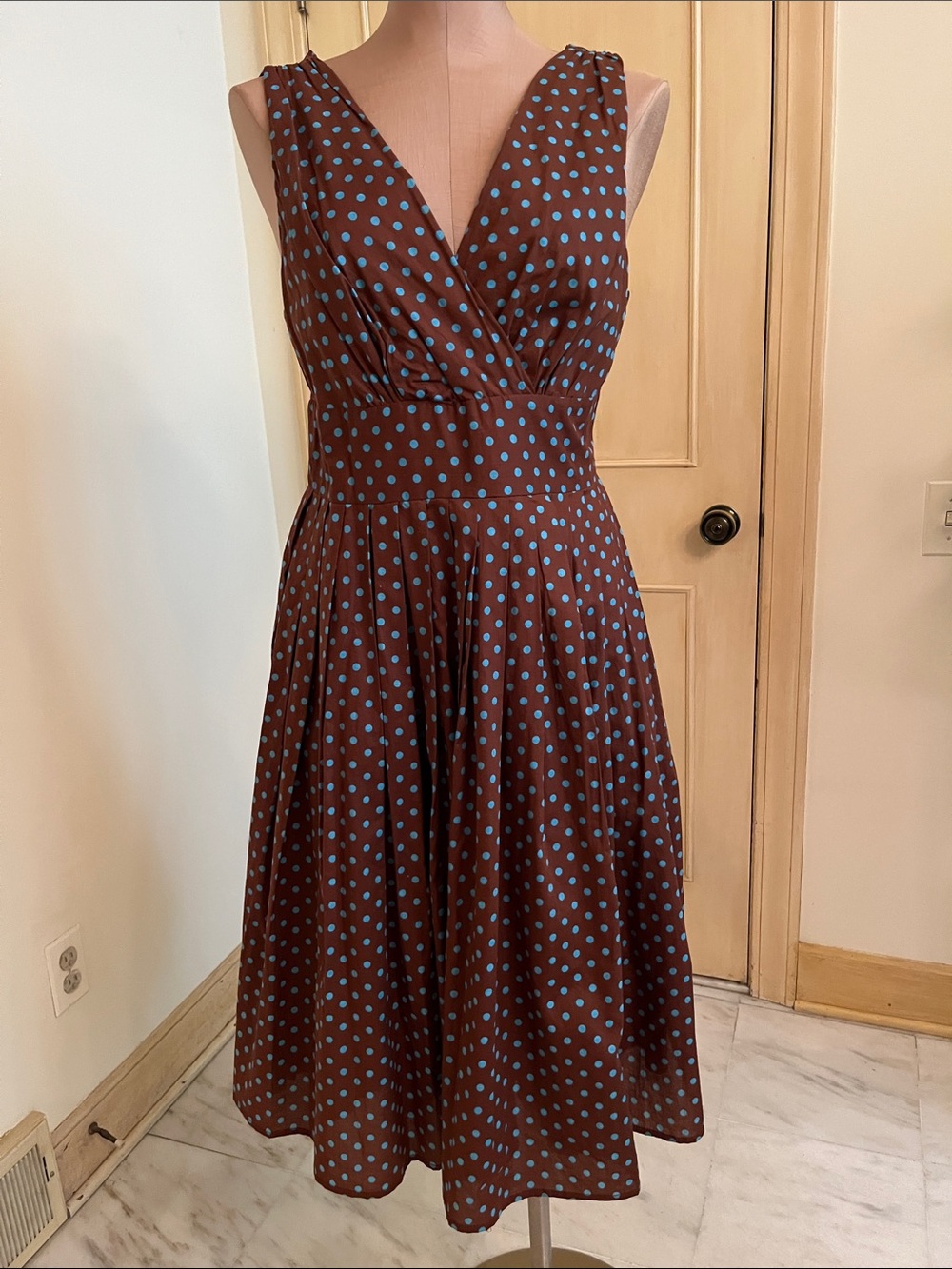 ARYEH Coquette Party Faux Wrap Pleated Brown & Turquoise Cotton Polka Dot Midi L